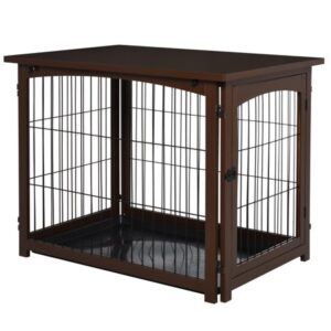 Pawhut Wooden Decorative Dog Cage Pet Crate Fence Side Table Small Animal House with Tabletop, Lockable Door, Brown