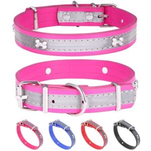 HAIYUE Reflective Leather Dog Collar with Bones for Small Medium Dogs Cats