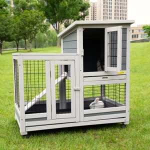 Coziwow Rabbit Hutch Outdoor Wooden Pet Cage with Openable roof for Small Animals,Gray