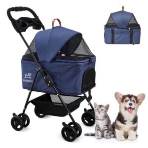 SKISOPGO Pet Dog Stroller for Small Cats and Dog Foldable Four Wheels Carrier Strolling Cart, Storage Basket + Cup Holder