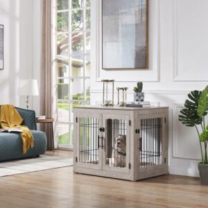 Unipaws Pet Crate End Table, Double Doors Wooden Wire Dog Kennel with Pet Bed, Large Dog Crate