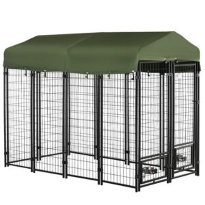 Pawhut Outdoor Dog Kennel, Lockable Pet Playpen Crate, Welded Wire Steel Fence, with Water, UV-Resistant Canopy, Rotating Bowl Holders, Door, 8ft x 4ft x 6ft, Green and Black