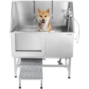 VEVOR 50 inch Dog Grooming Tub, Professional Stainless Steel Pet Dog Bath Tub with Steps Faucet & Accessories Dog Washing Station, Left-Door