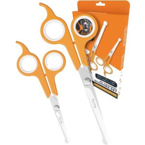 Mighty Paw Dog Grooming Scissors 2 Pack Professional Ergonomic Pet Grooming Scissors with Rounded Safety Tips and 2mm Sharp Stainless Steel Blades for Body Paw and Face Hair Trimming