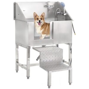 DIYAREA 34 inch Pet Dog Grooming Bath Tub, Stainless Steel Dog Washing Station with Faucet Retractable Stairs