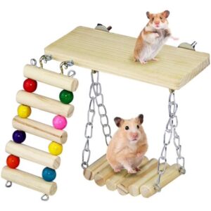 Windfall 3pcs Hamster Exercise Toys, Hanging Wooden Hamster Chew Toys Small Animal Ladder, Platform, Swing Cage Accessories Boredom Breaker for Parror,Gerbil,Squirrel,Rat,Hamster,Chinchilla