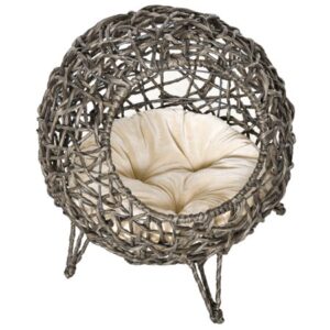 PawHut Wicker Cat Bed Elevated Rattan Kitten Basket Cozy Cave w/ Soft Cushion