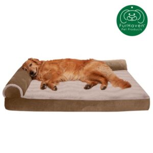 FurHaven Pet Products Dog Bed, Deluxe Memory Foam Wave Fur & Velvet L-Shaped Chaise Couch Pet Bed for Dogs & Cats, Brownstone, Jumbo