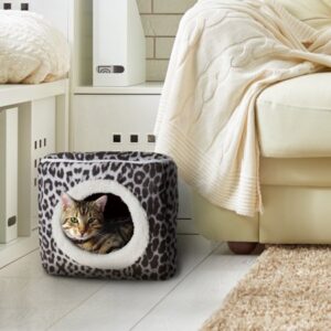 PETMAKER Covered Pet Cat Bed, Gray, Black Animal Print