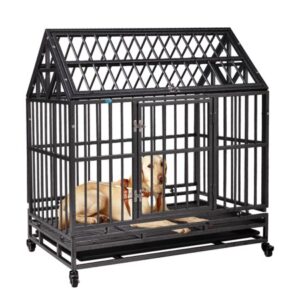 Coziwow 37″ Heavy Duty Dog Crate Metal Kennel Tip Roof with Wheels &Tray, Black