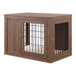 Unipaws Dog Crate End Table with Cushion, Wooden Wire Pet Kennels with Double Doors, Modern Design Dog House, Chew-Proof, Walnut