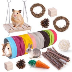 CHBORLESS Hamster Toys for Chewing: Natural Wooden Small Animal Chew Toys Pet Rabbit Grass Ball Teething Supplies Hamster Tunnel Set (11 Pack)