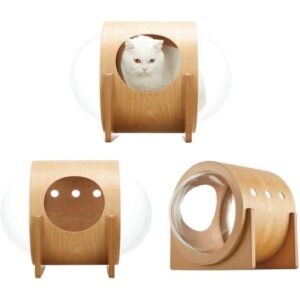 Yoleny Wooden Cat Bed Capsule Spaceship Gamma Cat Bed with Acrylic Dome, Indoor Cat House with Large Transparent Capsule for Mammals