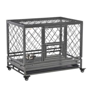 Pawhut Heavy Duty Crate Cage Kennel with Removable Tray Wheels & Lockable Door for Medium Dogs Indoor & Outdoor, 36.5″L x 24.5″W x 30.25″H