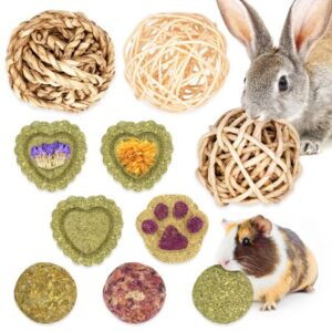 Toys for Rabbits, Rabbit Chew Toys for Teeth, 10PCS Natural Timothy Grass Small Animal Molar Grass Cake and Ball