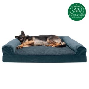 FurHaven Pet Dog Bed | Cooling Gel Memory Foam Orthopedic Faux Fleece & Chenille Sofa-Style Couch Pet Bed for Dogs & Cats, Orion Blue, Jumbo Plus