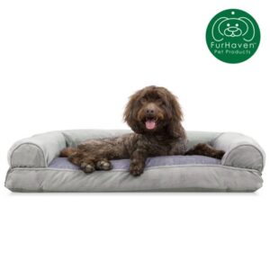 FurHaven Pet Dog Bed | Faux Fur & Velvet Pillow Sofa Pet Bed for Dogs & Cats, Smoke Gray, Large