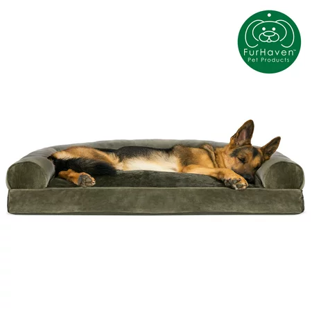 FurHaven Pet Products Dog Bed, Faux Fur & Velvet Pillow Sofa Bed for Dogs & Cats, Dark Sage, Jumbo