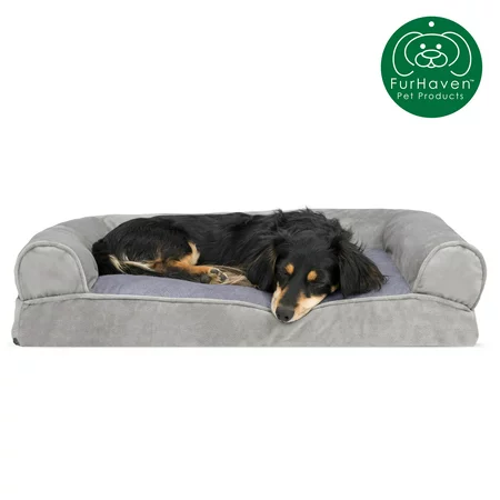 FurHaven Pet Dog Bed | Faux Fur & Velvet Pillow Sofa Pet Bed for Dogs & Cats, Smoke Gray, Medium