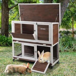 Coziwow Movable Rabbit Hutch Pet Cage with Flip-up Roof, Wheels, Wood Brown