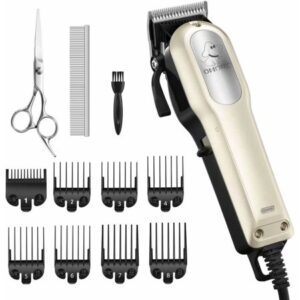 OMORC Dog Clippers with 12V High Power for Thick Coats, Professional Heavy Duty Dog Grooming Kit, Plug-in & Quiet Pet Clippers with 8 Comb Guides, 1 Scissor, 1 Comb, 1 Cleaning Brush