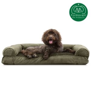 FurHaven Pet Dog Bed | Faux Fur & Velvet Pillow Sofa Pet Bed for Dogs & Cats, Dark Sage, Large