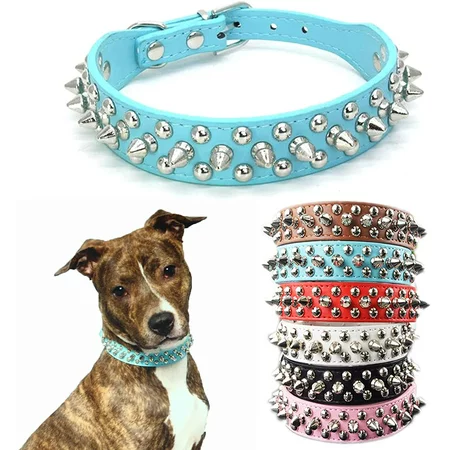 Delan Adjustable Studded Dog Collar, Microfiber Leather Spiked Puppy Collars, Anti-Bite Pet Collar for Small, Medium and Large Dogs Cat,Blue