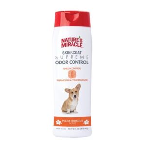 Nature’s Miracle Skin & Coat Supreme Odor Control Shed Control 4-in-1 Shampoo & Conditioner, Pink Peony Scent, 16 fl oz