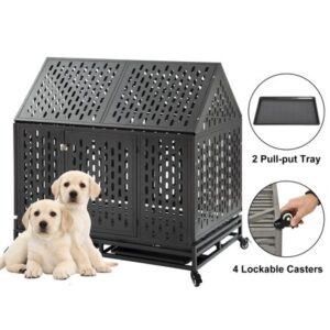 Heavy Duty Pet Crate, 44 Inch Pet Kennel Crate with Whells, Black