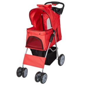 Karmas Product Pet Stroller Folding Pet Cat Carrier Travel Cart With Four Wheels, Red