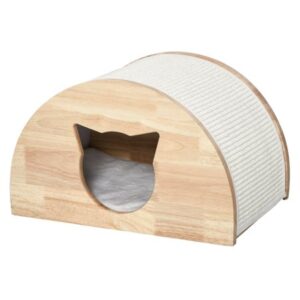 PawHut Wooden Cat House Shelter Bed w/ Sisal Carpet Soft Cushion Natural