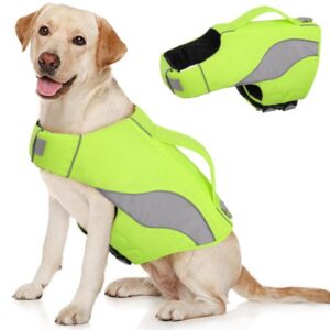 ASENKU Dog Life Jackets，Reflective & Adjustable Preserver Vest with Enhanced Buoyancy & Rescue Handle for Swimming，Summer