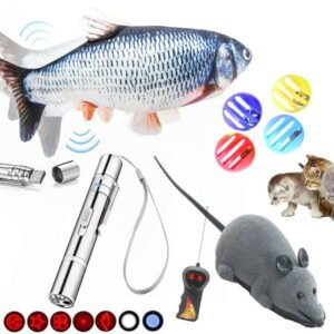 Interactive Cat Toys 7Pcs,Electric Fish Wagging Cat Toy,Rechargeable Laser Pointer for Cats,Remote Control Fun Mouse Interactive Pet Cat Toy,4 Plastic Balls W/ Bells