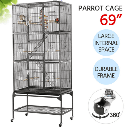 SmileMart 69″ H Rolling Extra Large Metal Bird Cage with Detachable Stand for Parrots, Black