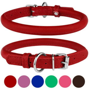 BRONZEDOG Rolled Leather Dog Collar Round Rope Pet Collars for Medium Dogs, Red