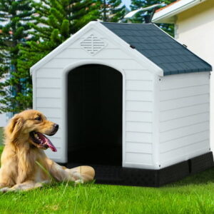 Large Dog House Plastic Dog Kennel Indoor Outdoor for Large Dogs, 39 inch All Weather Doghouse Puppy Shelter with Air Vents and Elevated Floor Ventilate