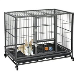 Topeakmart Foldable Rolling Metal Dog Crate for Medium/Large Dogs Metal Large Dog Cage Kennel with Wheels & Litter Pans Black
