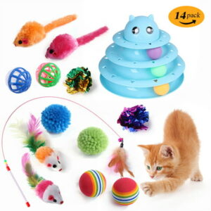 Kabuer Interactive Cat Toys Cat Toy Roller 3-Level Turntable Cat Toys Physical Exercise Puzzle Toys 14 Pcs