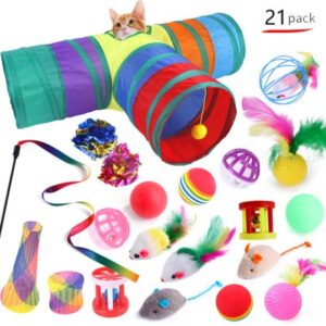 Pack of 20 Cat Toys Set, Collapsible Cat Tunnel, Interactive Cat Feather Toy, Fluffy Mouse Crinkle Balls Toys for Cat Kitty Kitten