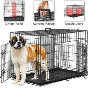 36 inch Dog Crates and Kennels for Medium Dog, Foldable Dog Crate Pet Crate with Handle Double-Door Outdoor Metal Wire Dog Cage with Plastic Tray for Small Dogs