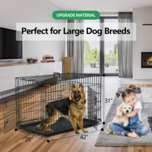 CL.HPAHKL42 inch Dog Cage for Large Dogs Indoor, Folding Dog Crates and Kennels Double Door, Pet Cage with Tray Pan for Dogs