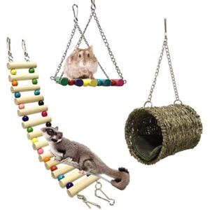 Windfall 3Pcs Pet Hammock Hamster Hanging Toy, Set House Hanging Bed Cage Toys for Small Animal Sugar Glider Squirrel Chinchilla Hamster Rat Playing Sleeping