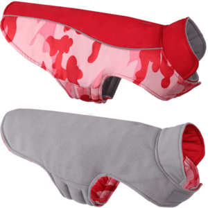 QBLEEV Reversible Dog Coat，Windproof Cozy Dog Cold Weather Apparel Fleece Lined Winter Warm Dog Jacket Dog Vest for Small Medium and Large Dogs，Reflective Dog Camo Clothes with Leash Hole