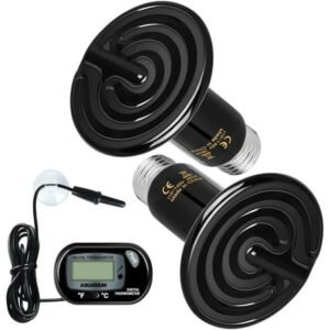 Simple Deluxe 150W Ceramic Heat Emitter Reptile Heat Lamp Bulb No Light Emitting Brooder Coop Heater for Amphibian Pet & Incubating Chicken, 1 Pack/ 2 Pack with Thermometer, Black & White