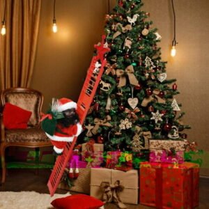 Christmas Santa Claus, Electric Climbing Ladder Black Santa Claus with Jingle Bells Music, Santa Climbing Ladder to Christmas Tree, Xmas Decorations Hanging Ornaments Toys