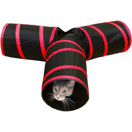 Purrfect Feline – 3 Way Cat Tunnel and Crinkle Cat Toy – Interactive Cat Toy with Cat Ball Included – Kitten Toys & Cat Supplies for Indoor Cats, Ferrets, Rabbits or Small Dogs – Red – M