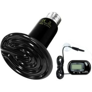 Simple Deluxe 150W Ceramic Heat Emitter Reptile Heat Lamp Bulb No Light Emitting Brooder Coop Heater for Amphibian Pet & Incubating Chicken, 1 Pack/ 2 Pack with Thermometer, Black & White