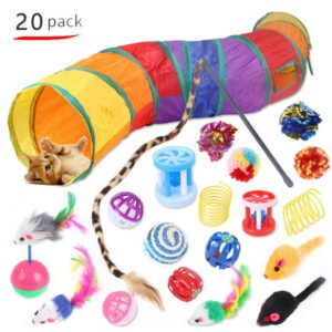 Goodwill 20 Pcs Cat Toys Kitten Toys Set, Collapsible Cat Tunnels for Indoor Cats, Interactive Cat Feather Toy, Fluffy Mouse Crinkle Balls Toys for Cat Puppy Kitty Kitten