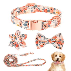 BUBABOX 4Pcs Girl Dog Collars and Leash Set for Small(S),Adjustable Puppy Cat Cotton Collar10*17in with Quick Release Metal Buckle,Breakaway Bow Tie Collar for Small Pet