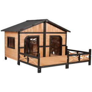 Pawhut Wooden Large Dog House, Perfect for the Porch or Deck and Includes Bottom Slide-Out Tray, 59″ L, Natural